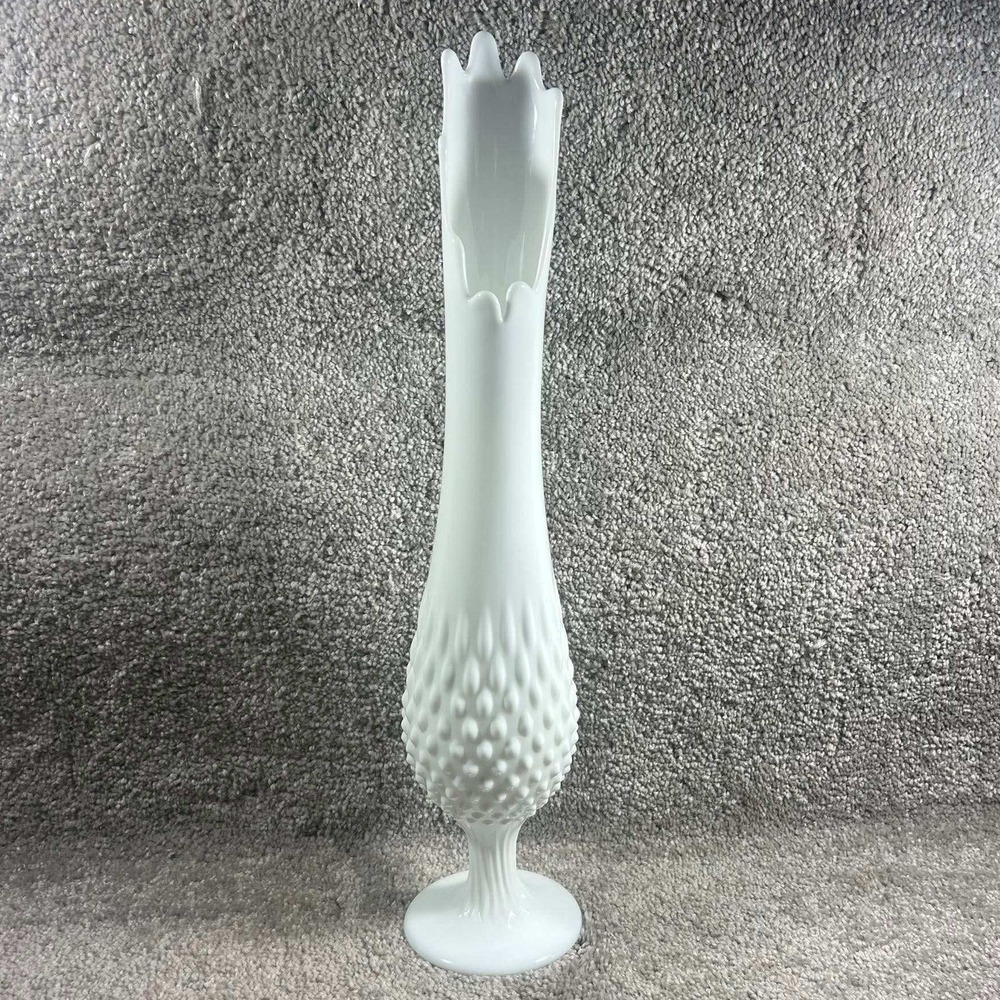 Fenton Bud Vase White Hobnail Milk Glass Swung Rim Vintage Home Decor 15.5"